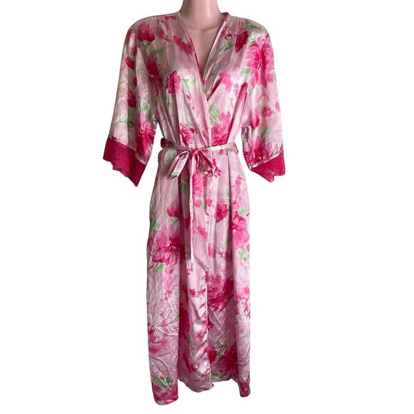 Jones New York Robe Womens Small Medium Pink Floral Satin Kimono Belted Pockets - Picture 1 of 6